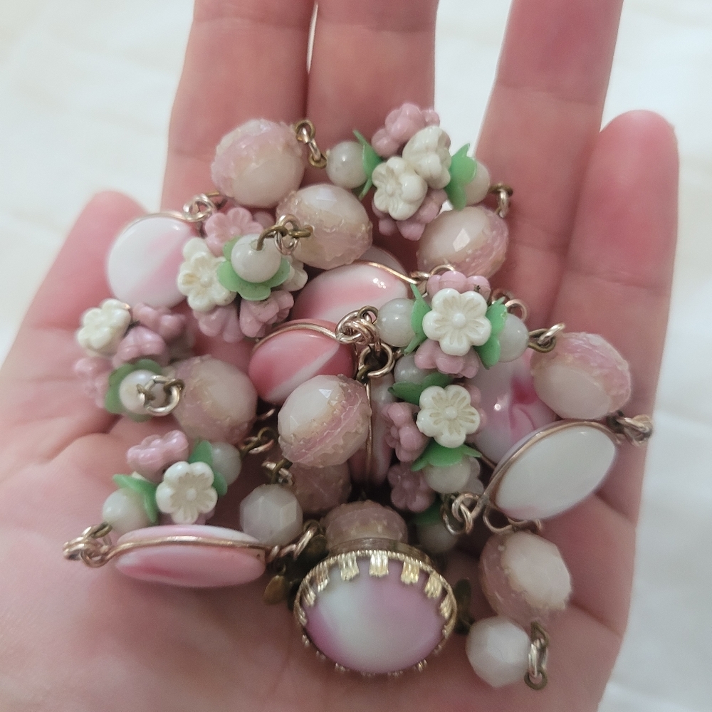 Vintage West Germany Lucite Glass Floral Necklace Pink White Green Fruit Salad